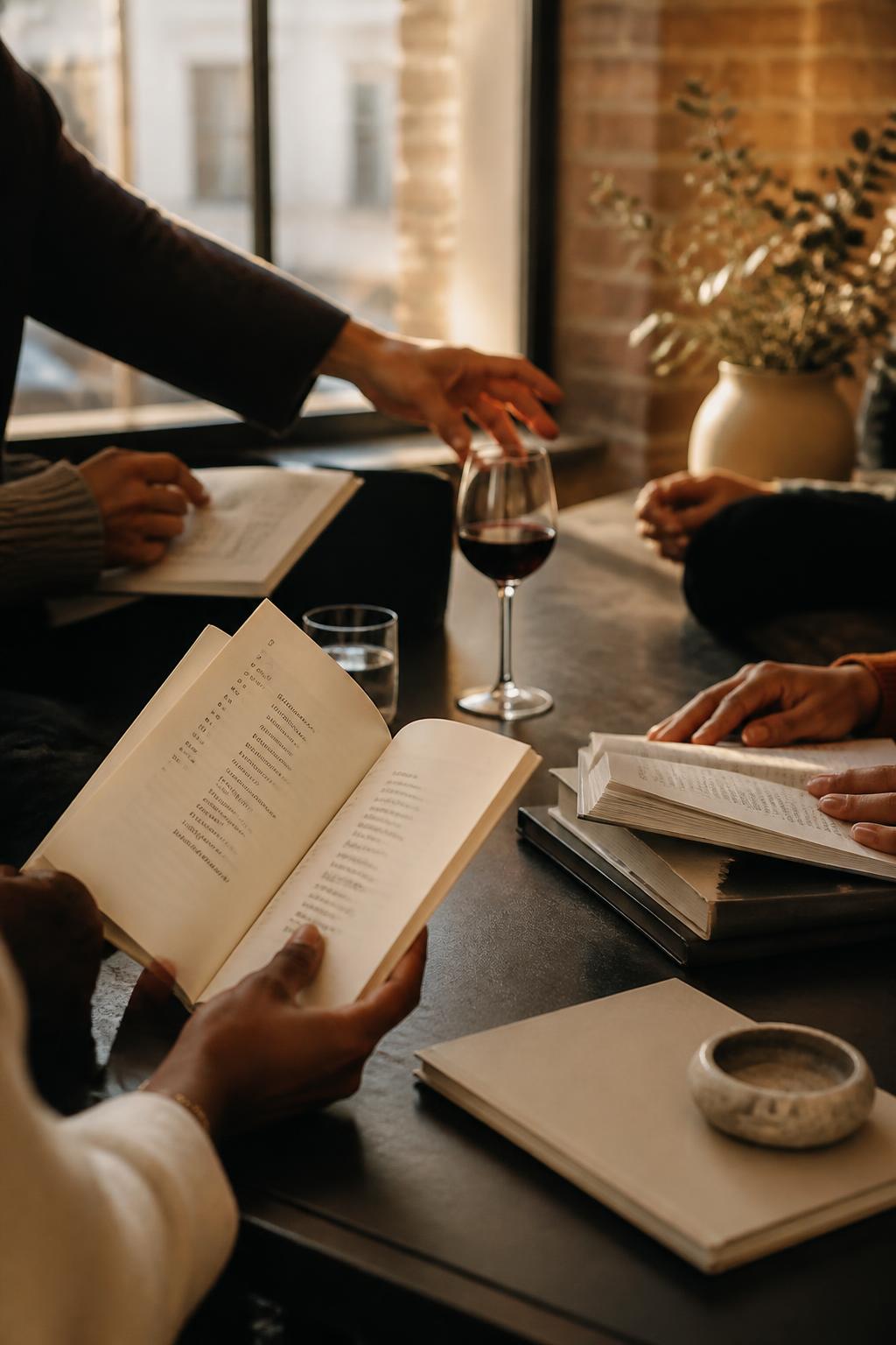 A view of London at dusk through a window, with an open book of poetry on the table — London as the meeting point of the Lusophone literary world