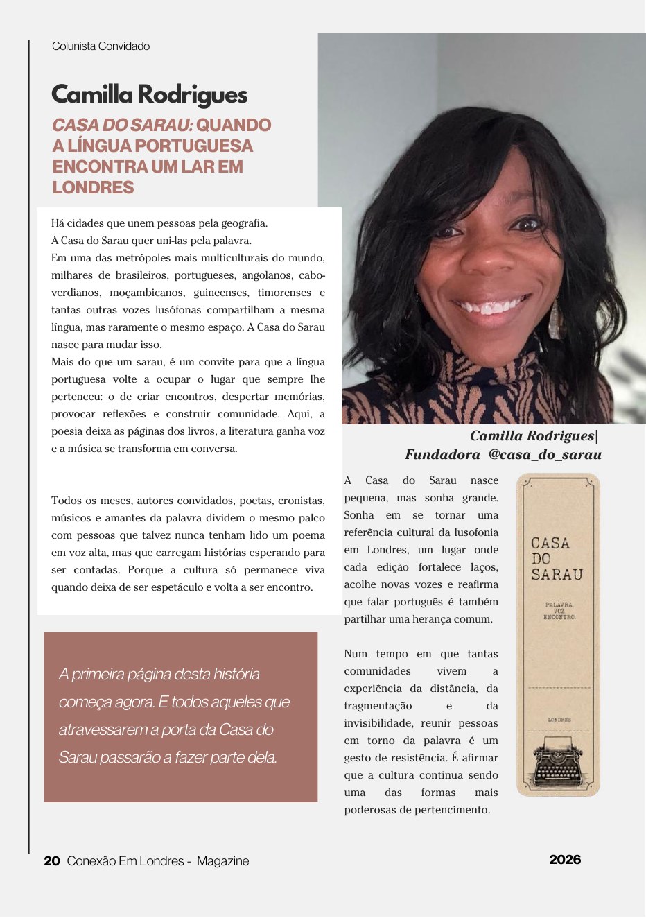 Conexão em Londres Magazine, edição 5, página 20 — artigo de Camilla Rodrigues sobre a Casa do Sarau