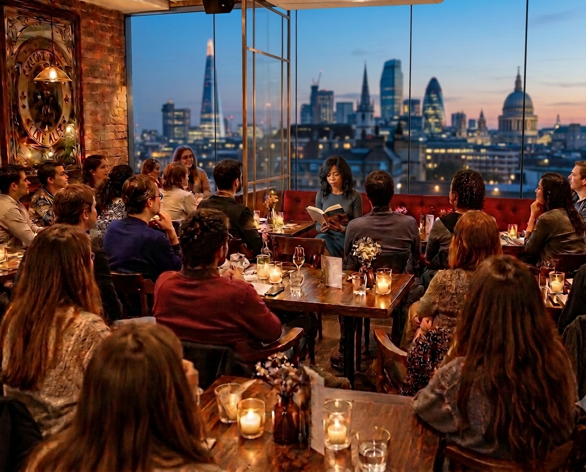 A candlelit brick room prepared for a sarau: an open book of poetry on the table, a glass of wine and a circle of empty chairs, with the London dusk sky through the window