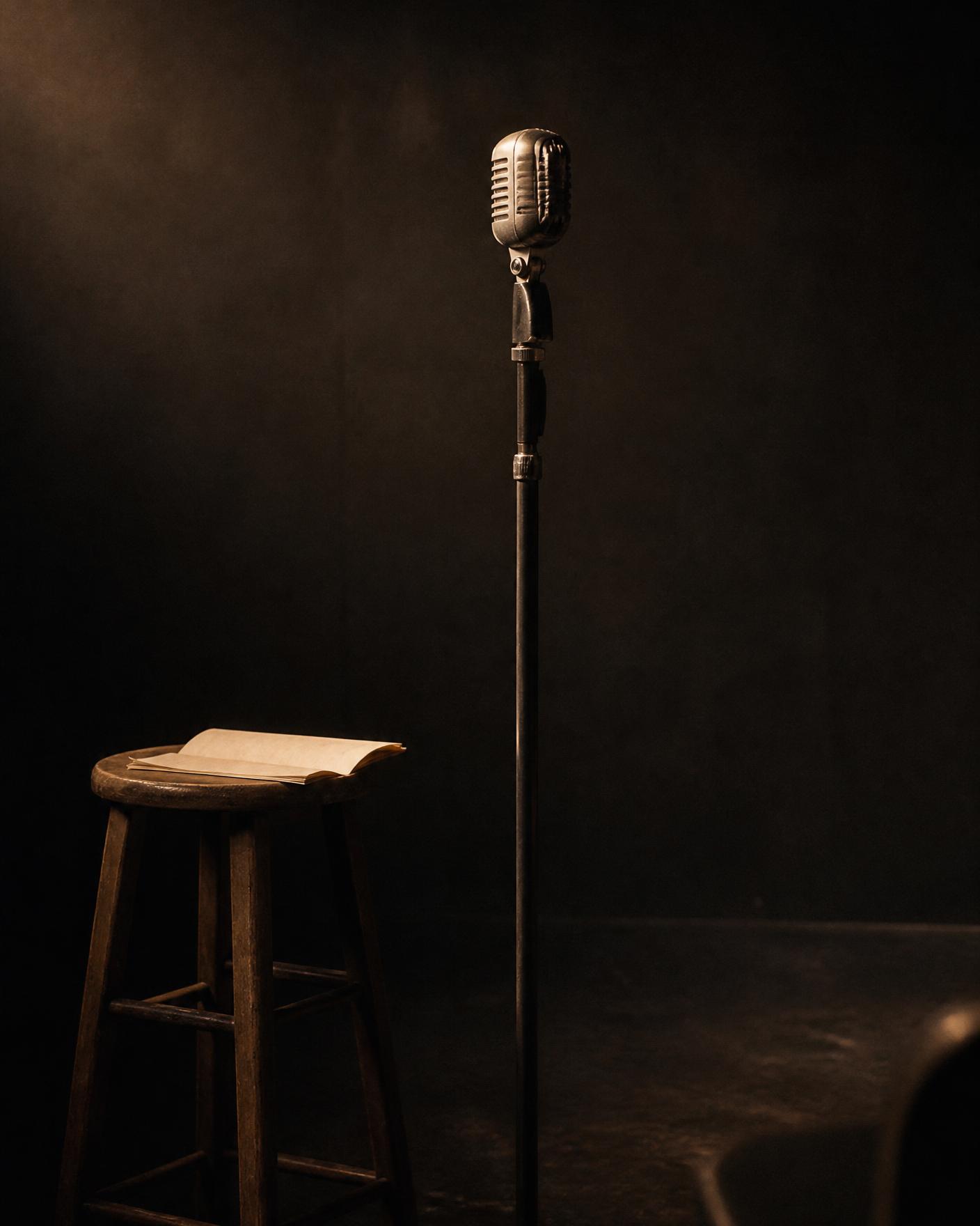 A single microphone lit in a dark room
