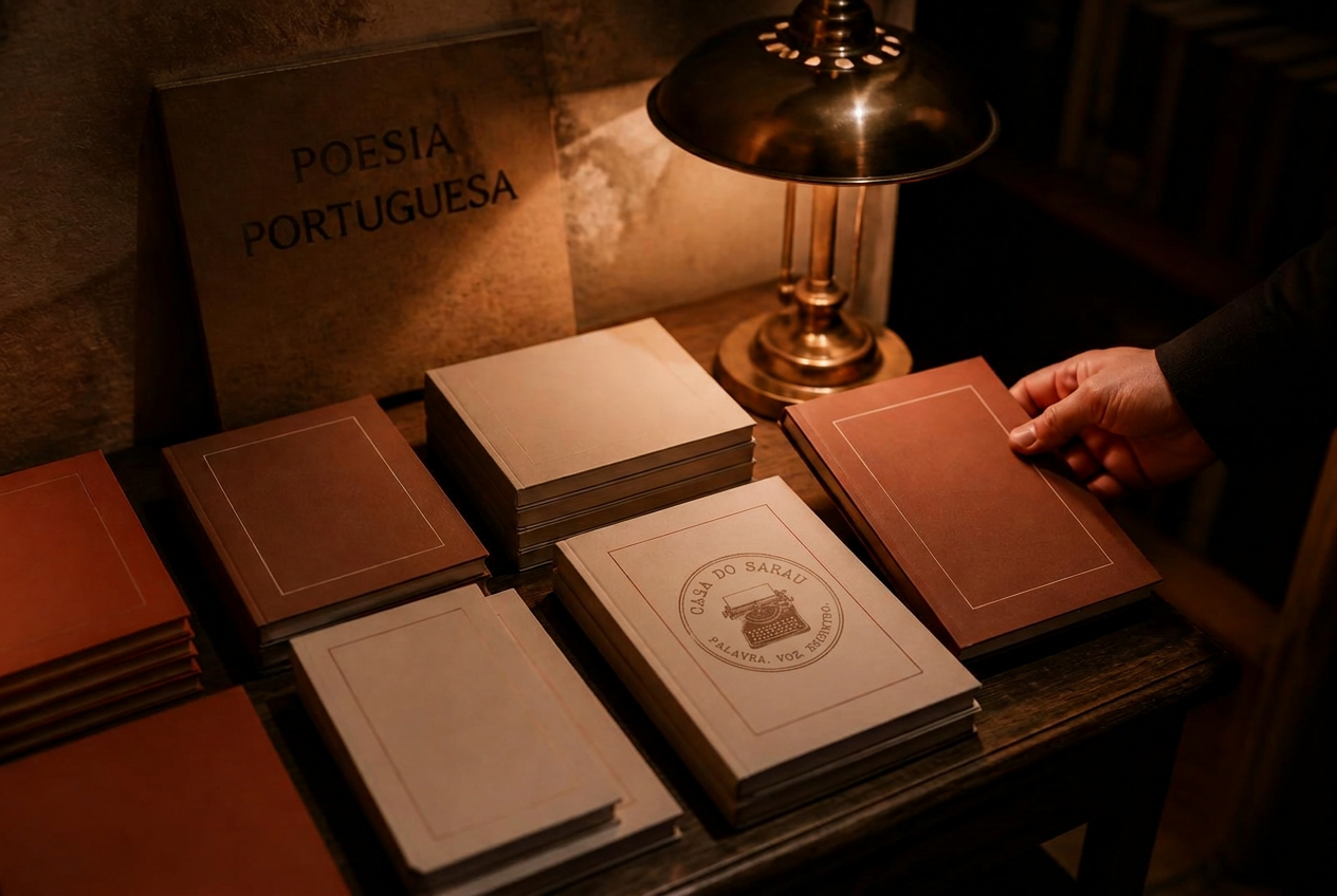 A table of Portuguese-language books at Casa do Sarau